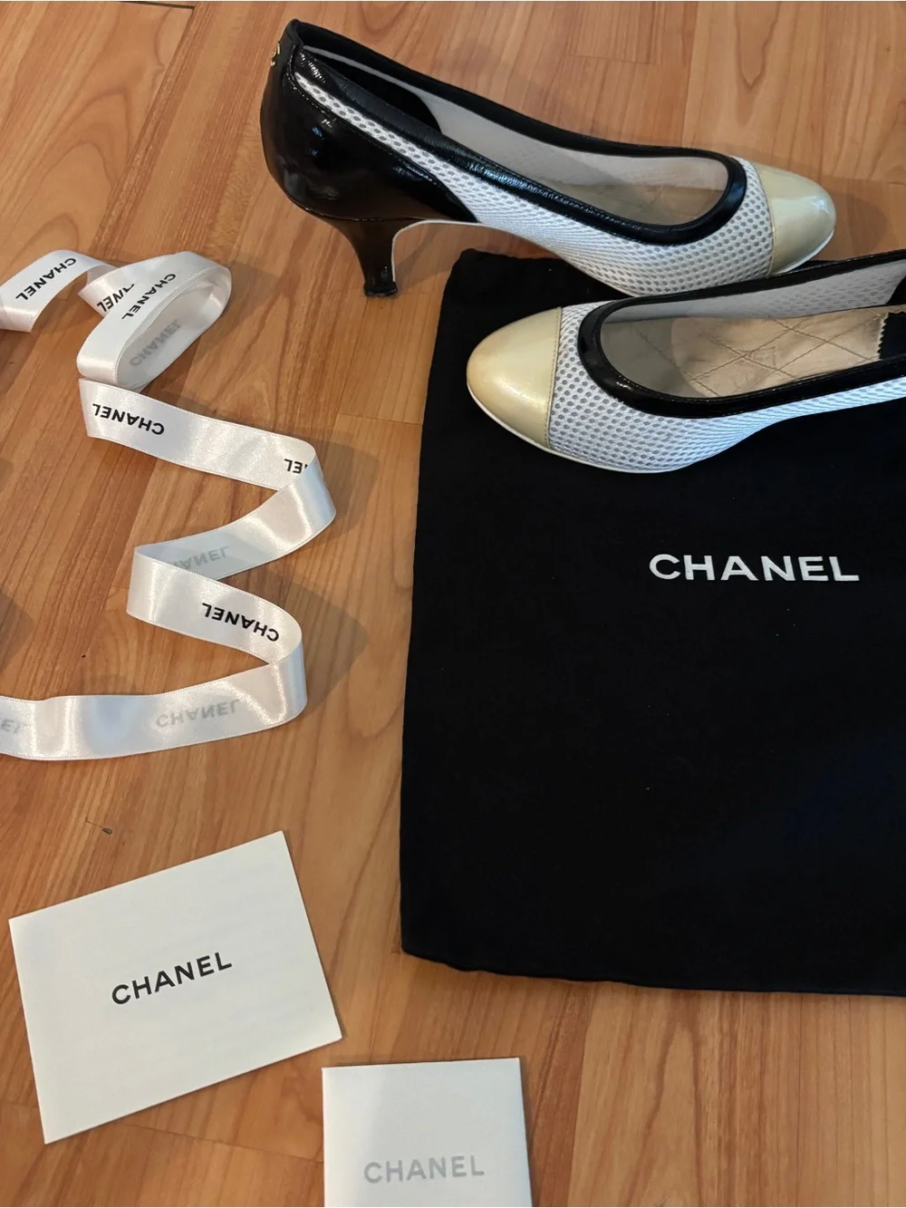 CHANEL Cream Cap-Toe Mesh Pumps with Black Trim